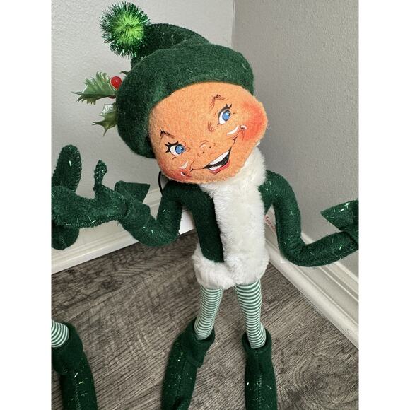 Vintage 2004 Annalee Green Elf W/Striped Pants 14” Set Of 2 Kitschy Christmas - Picture 3 of 16